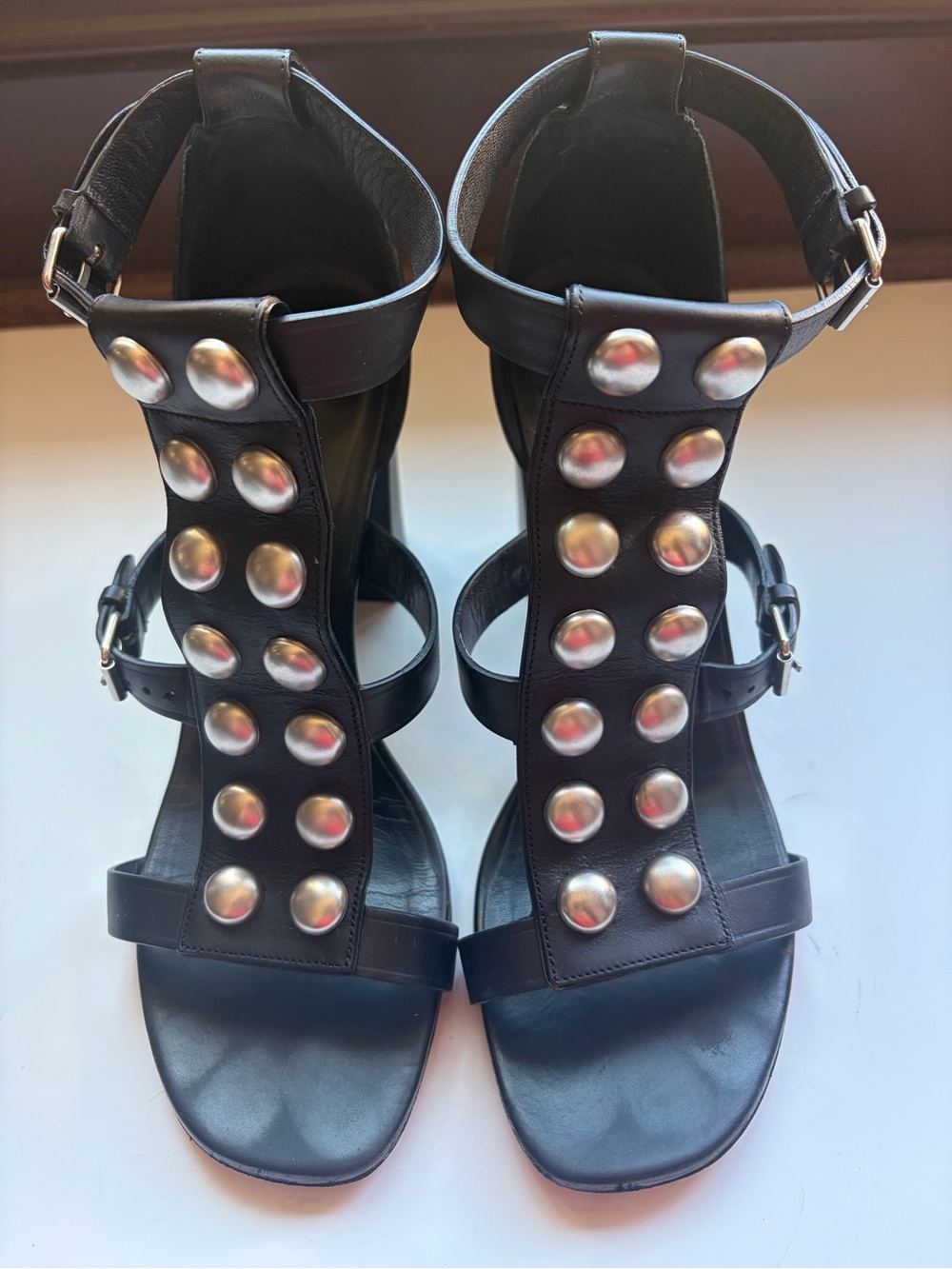 Saint Laurent Black Leather Studded Gladiator T-Strap Heels size 37.5 - Picture 2 of 8